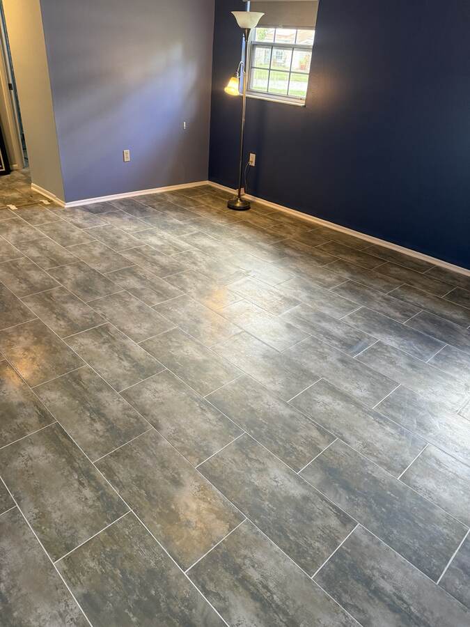 Finished gray plank-look floor from a recent Hudson flooring project