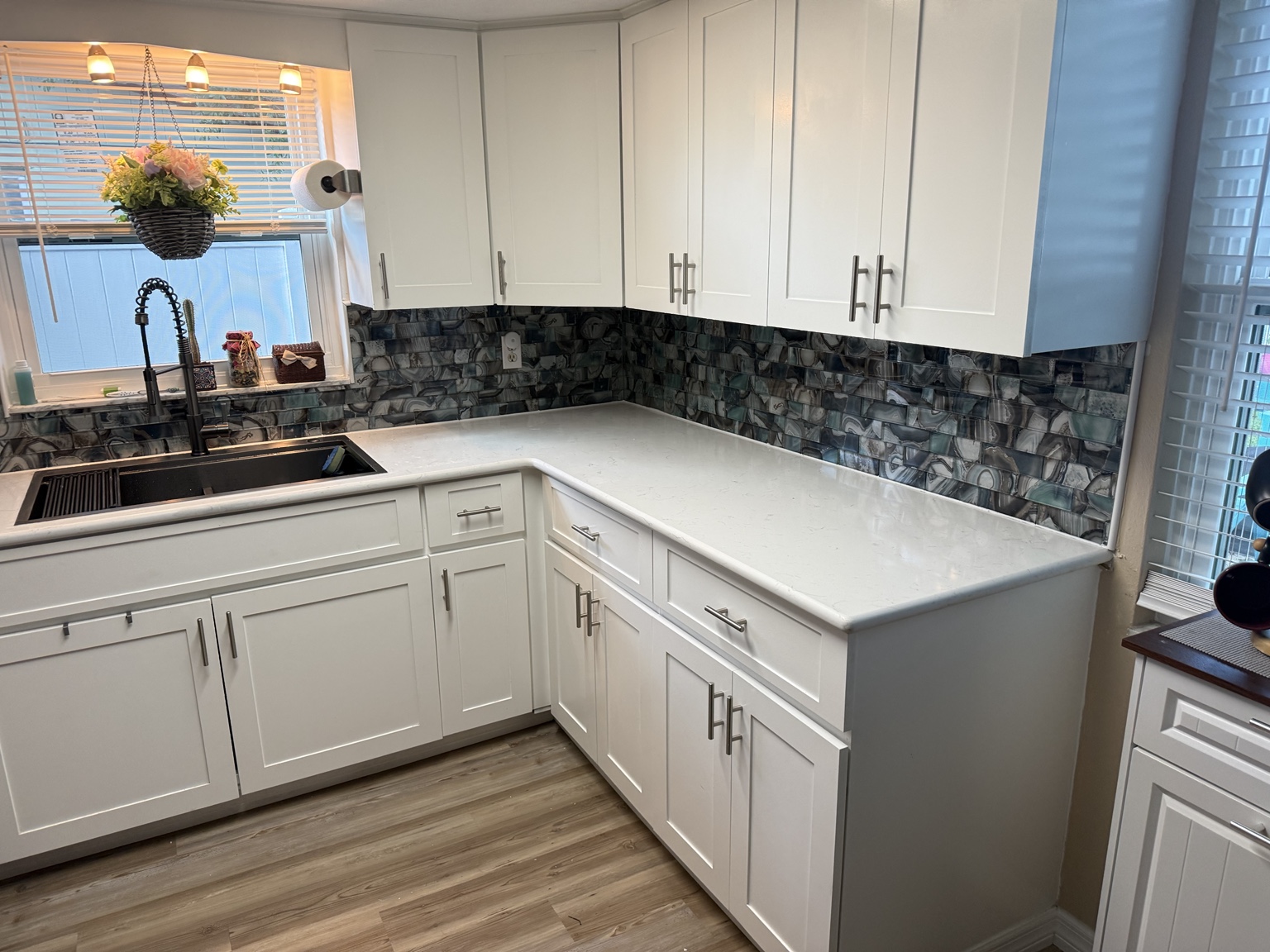 Finished blue-gray backsplash tile from a recent Port Richey Florida kitchen project